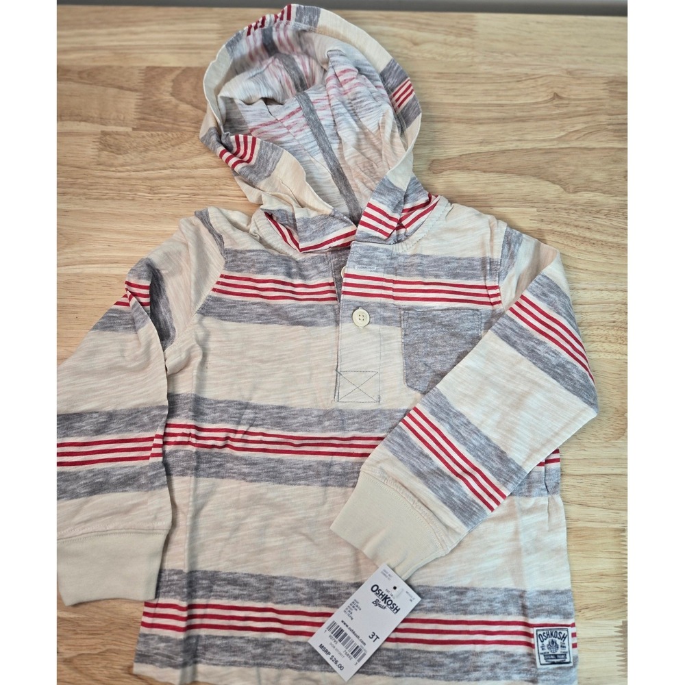 OshKosh Bgosh Toddler Boys 3T Striped Hooded Henley Shirt Red Grey Cream NWT